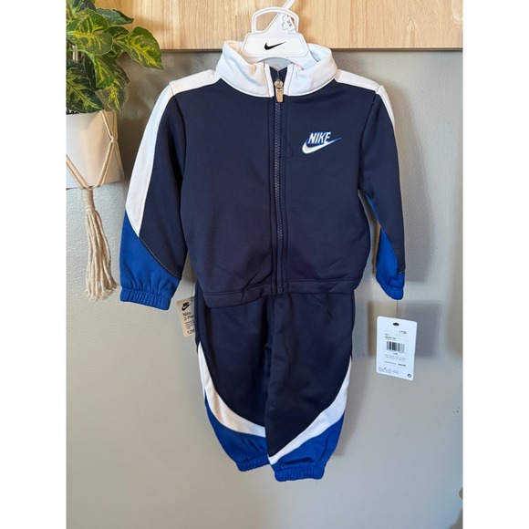Nike Baby Boys 12M Navy Blue White Blue Tracksuit 2 Piece Set Jacket Pants - Picture 1 of 5
